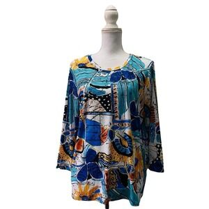 TONI MORGAN Small Wrinkle Free Art Print Top Blouse High Low 3/4 Sleeve Colorful